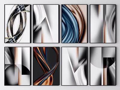 Modern Abstract Wall Art With Geometric Curves Black White Brown Blue Tones Home Decor 3d model