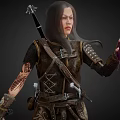 Game Character Holding Sword with Purple Magic in Leather Armor on Glowing Base