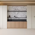 Modern Dining Cabinet With Wooden Doors Marble Backsplash Black Countertop And Shelves