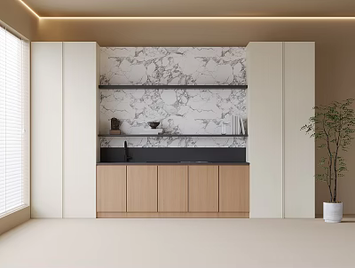 Modern Dining Cabinet With Wooden Doors Marble Backsplash Black Countertop And Shelves 3d model