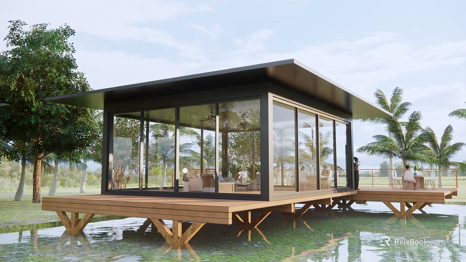 Modern Waterfront Cabin With Glass Walls And Wooden Deck Surrounded By Trees 3d model 