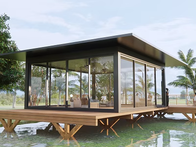 Modern Waterfront Cabin With Glass Walls And Wooden Deck Surrounded By Trees 3d model