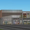 Modern Commercial Street Featuring Retail Shops Storefronts Wooden Facade And Greenery