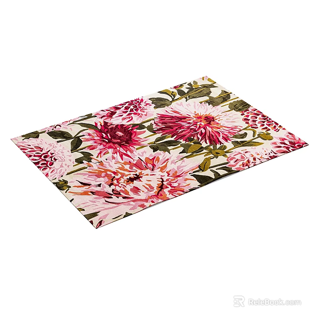 Vibrant Decorative Square Rug With Large Pink Red Floral Patterns And Green Leaves 3d model 