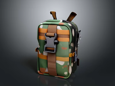 Durable Green Camouflage Backpack With Brown Orange Straps And Buckle Design For Daily Use 3d model