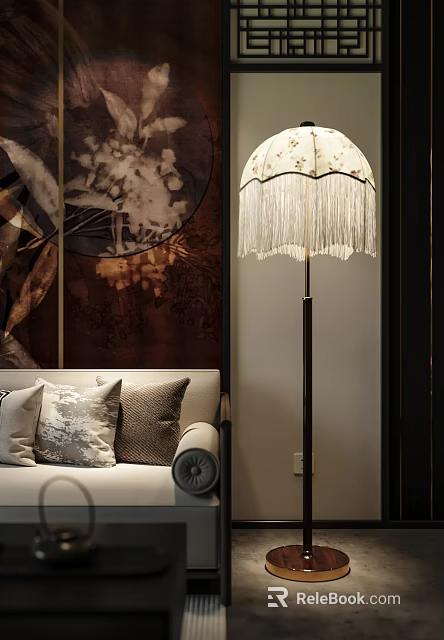 Elegant Modern Floor Lamp With Tassel Shade By Sofa Pillows And Wall Art 3d model 