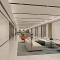 Modern Office Corridor With Wooden Panels Ceiling Lights Green Plant Landscape And Marble Flooring
