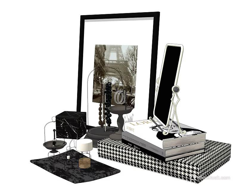 Decorative Ornament Combination With Picture Frame Phone Stand Stacked Books Marble Accents And Checkered Base 3d model 