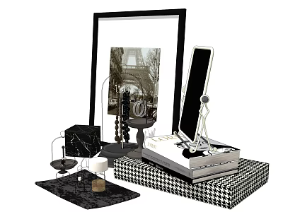 Decorative Ornament Combination With Picture Frame Phone Stand Stacked Books Marble Accents And Checkered Base 3d model