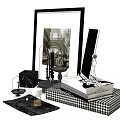 Decorative Ornament Combination With Picture Frame Phone Stand Stacked Books Marble Accents And Checkered Base