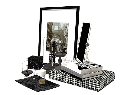 Decorative Ornament Combination With Picture Frame Phone Stand Stacked Books Marble Accents And Checkered Base 3d model