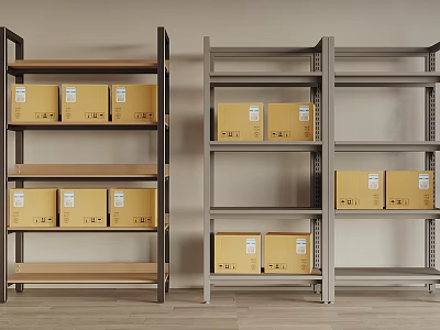 Sturdy Metal Storage Shelves With Multiple Cardboard Boxes In Organized Storage Setup 3d model
