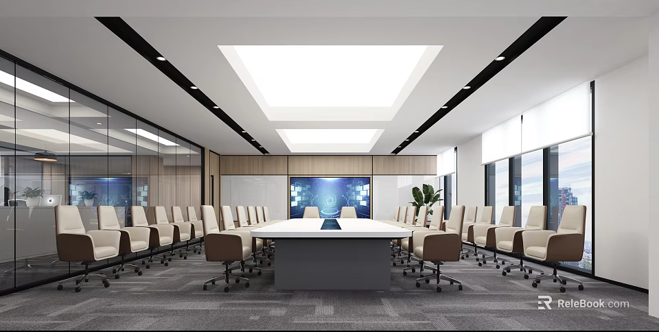 Modern Conference Room With Large Table White Chairs Blue Display Glass Partitions And Green Plants 3d model 