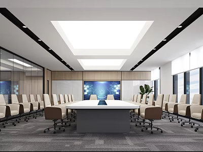 Modern Conference Room With Large Table White Chairs Blue Display Glass Partitions And Green Plants 3d model