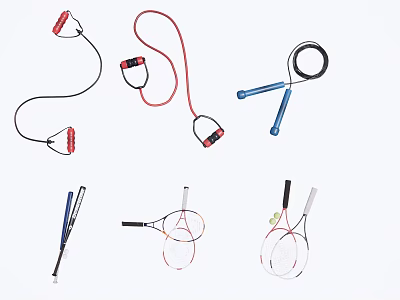 Sports Equipment Collection Featuring Jump Ropes And Tennis Rackets With Colorful Designs 3d model