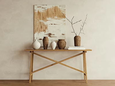 Wooden Console Table With Abstract Painting Vases Dry Branches And Stacked Books On Beige Wall 3d model
