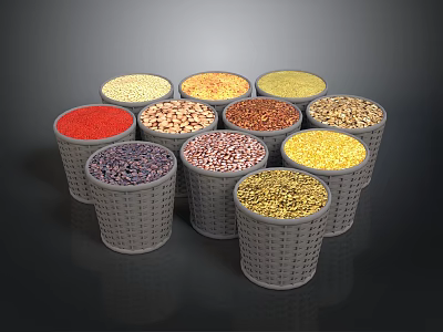 Various Colored Grains Arranged in Gray Woven Baskets on Black Background 3d model