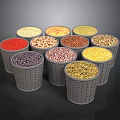 Various Colored Grains Arranged in Gray Woven Baskets on Black Background