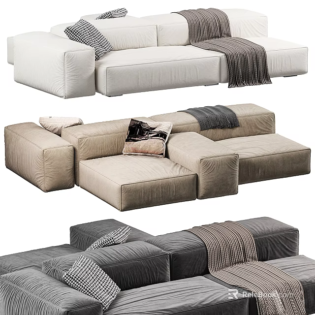 Modern Sectional Sofa With Soft Fabric Pillows And Throw Blankets In Neutral Tones 3d model 