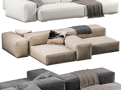 Modern Sectional Sofa With Soft Fabric Pillows And Throw Blankets In Neutral Tones 3d model