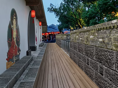 Buddhist Religious Site Pathway With Ancient Wall Red Lanterns And Deity Mural 3d model