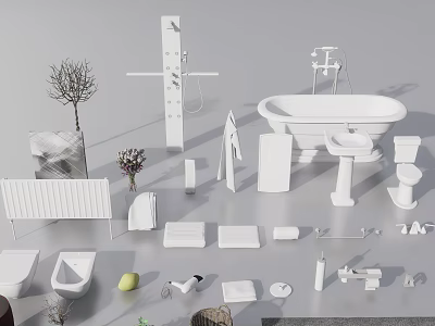Bathroom Accessories Collection Featuring Bathtub Toilet Sink Shower Fixture Towel Rack And Plant 3d model