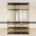 Modern Wardrobe With Glass Doors Open Design Shelves And White Hanging Clothes