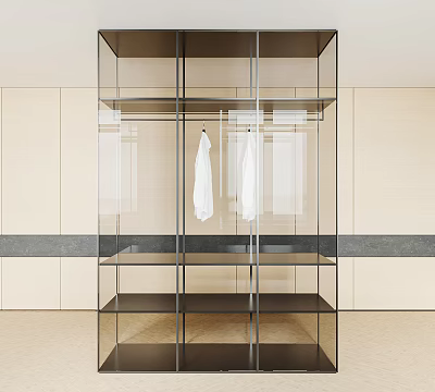 Modern Wardrobe With Glass Doors Open Design Shelves And White Hanging Clothes 3d model