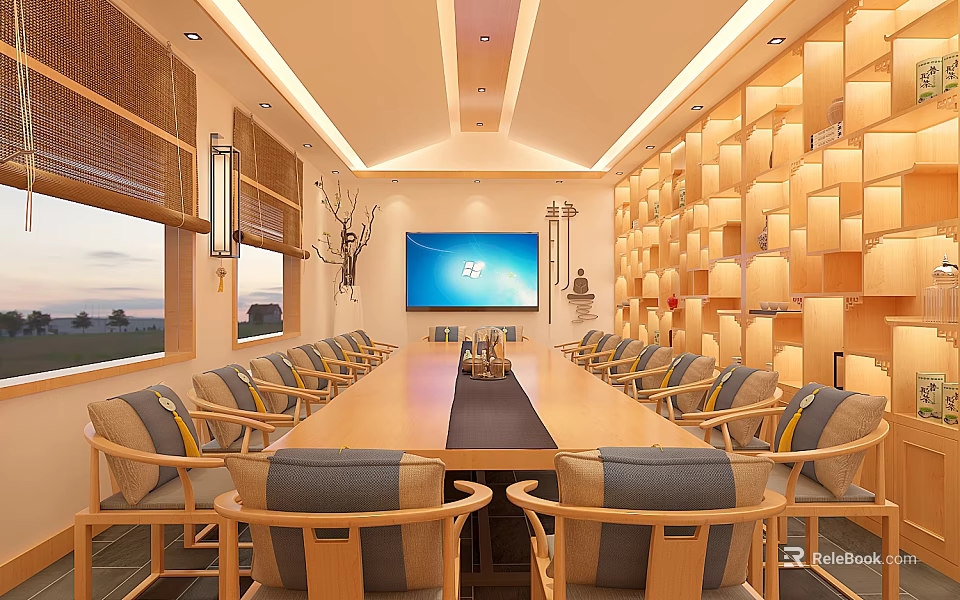 Modern Conference Room Interior With Long Wooden Table Large Screen Comfortable Chairs And Natural Light 3d model 