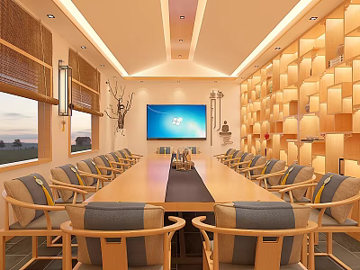 Modern Conference Room Interior With Long Wooden Table Large Screen Comfortable Chairs And Natural Light 3d model