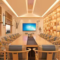 Modern Conference Room Interior With Long Wooden Table Large Screen Comfortable Chairs And Natural Light