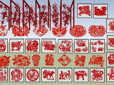 Traditional Red Chinese Paper Cut Wall Decor With Various Animal Patterns 3d model