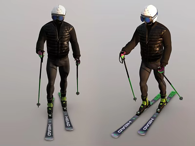 Men Wearing White Helmets Goggles Black Ski Outfits With Green Poles On Skis 3d model