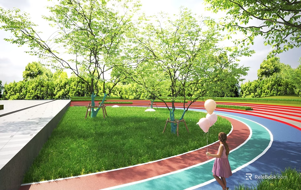 Park Landscape with Green Lawn Trees Colorful Track and Girl Holding Balloons 3d model 