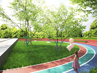 Park Landscape with Green Lawn Trees Colorful Track and Girl Holding Balloons 3d model