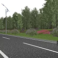 Municipal Road With Asphalt Pavement Lush Trees Colorful Flower Beds And Street Lights