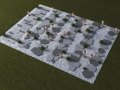Outdoor Stepping Stone Path In Green Grass With Small Plants And Decorative Lights 3d model