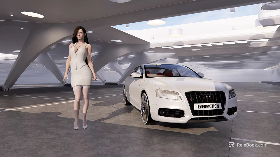 White Electric Audi Car With Woman In White Dress In Modern Garage 3d model 