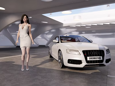 White Electric Audi Car With Woman In White Dress In Modern Garage 3d model