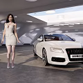 White Electric Audi Car With Woman In White Dress In Modern Garage
