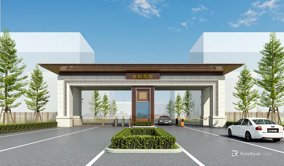 Traditional Chinese Entrance Gate With Archway Plaque Greenery And Parking Area 3d model 
