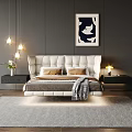 Modern White Double Bed With Upholstered Headboard Pillows Nightstand Lamp And Wall Art
