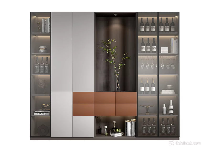 Modern Wine Cabinet Interior Design With Glass Doors Shelves And Wine Bottles 3d model 