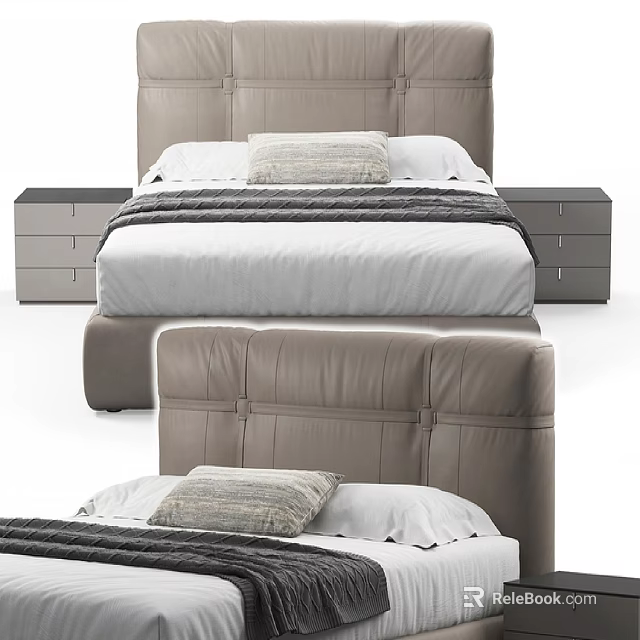Modern Double Bed With Gray Upholstered Headboard White Bedding And Matching Nightstands 3d model 