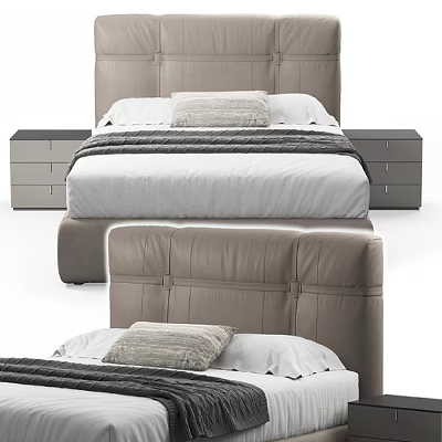 Modern Double Bed With Gray Upholstered Headboard White Bedding And Matching Nightstands 3d model