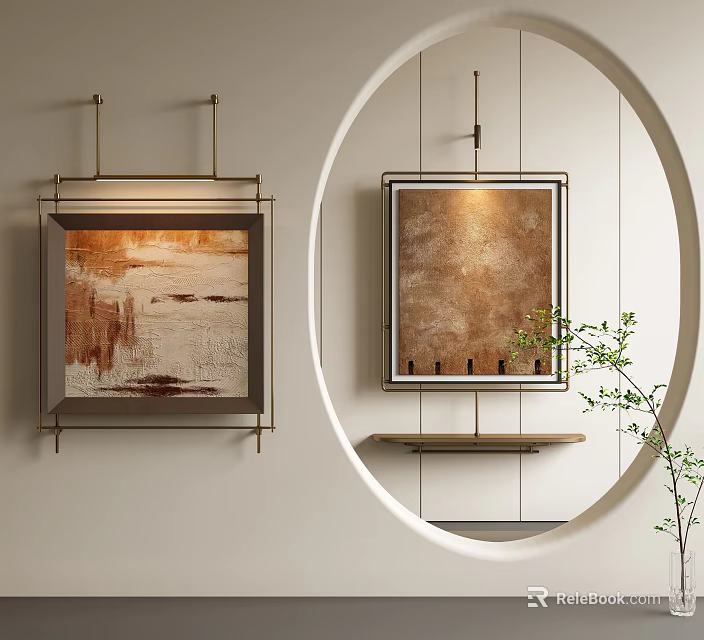 Abstract Paintings Framed With Gold Brown Tones Hanging On White Indoor Wall And Small Plant 3d model 