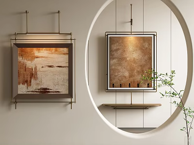 Abstract Paintings Framed With Gold Brown Tones Hanging On White Indoor Wall And Small Plant 3d model