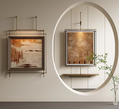 Abstract Paintings Framed With Gold Brown Tones Hanging On White Indoor Wall And Small Plant 3d model