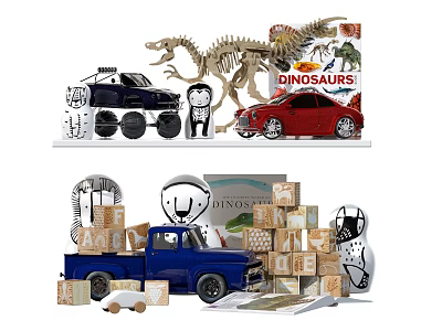 Kids Toys Collection With Toy Trucks Dinosaur Skeleton Books Building Blocks And Zebra Toys 3d model