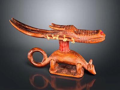 Wooden Carved Decorative Pillow With Crocodile And Monkey Design Elements 3d model